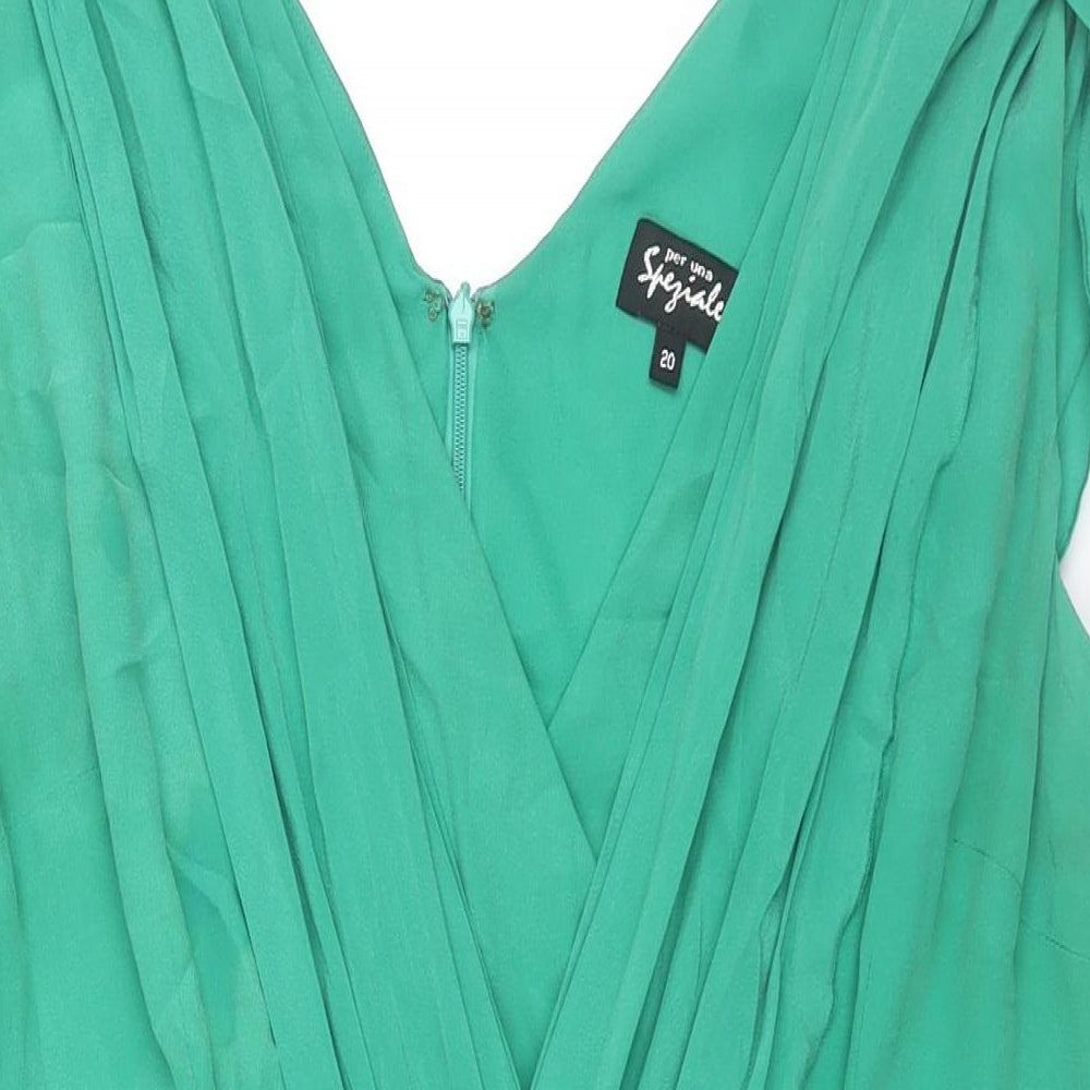 Per Una Womens Green Silk Shift Size 20 V-Neck Zip - Pleat Detail