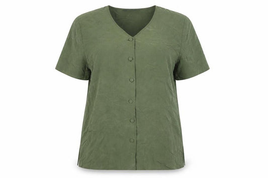 Front view of Debenhams women’s green modal basic blouse, size UK 18, v-neck - shoulder pads