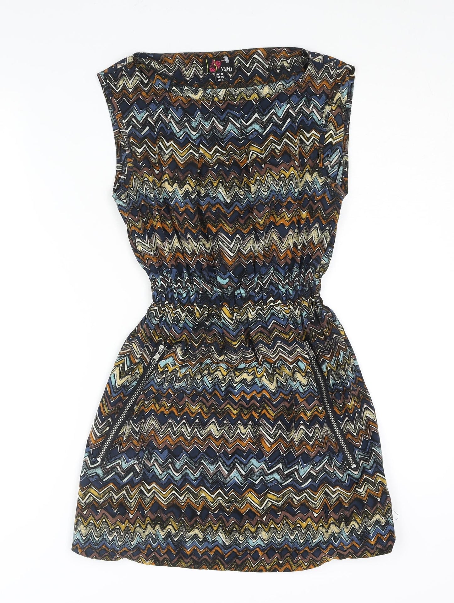 Yumi Womens Multicoloured Geometric Polyester Mini Size 8 Boat Neck Pullover