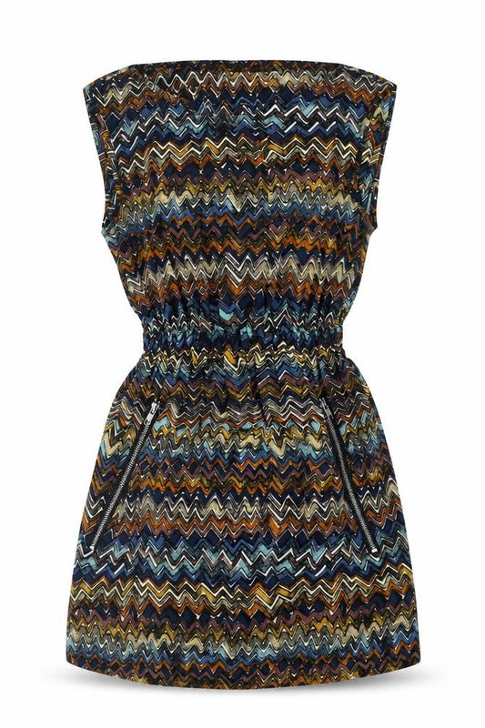 Front view of Yumi women’s multicoloured geometric polyester mini, size UK 8, boat neck pullover