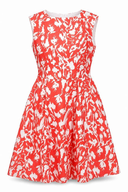 Front view of Floryday women’s red geometric polyester fit & flare, size L, boat neck zip