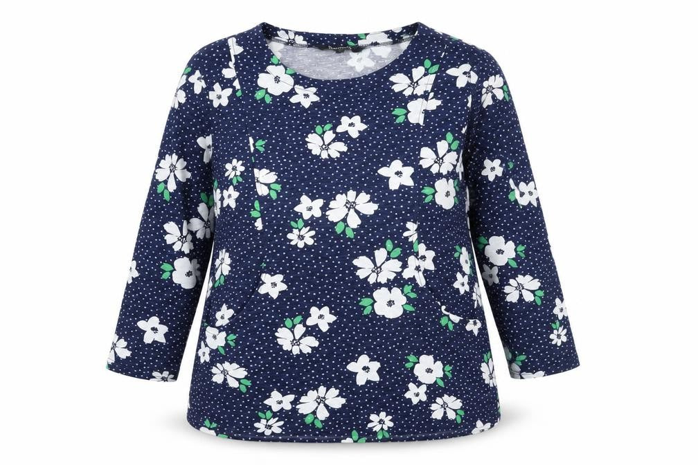 Front view of Bonmarché women’s blue floral cotton basic blouse, size UK 10, round neck