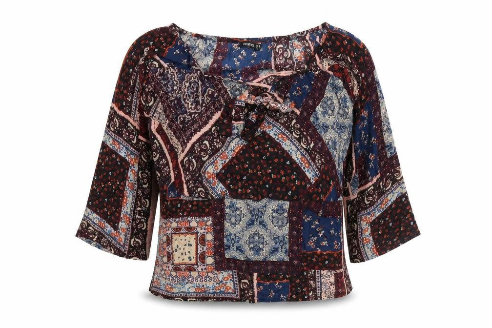 Boohoo Womens Multicoloured Geometric Viscose Basic Blouse Size 10 Off the Shoulder - Frill Bow Detail