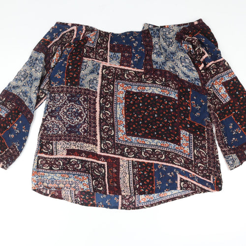 Boohoo Womens Multicoloured Geometric Viscose Basic Blouse Size 10 Off the Shoulder - Frill Bow Detail