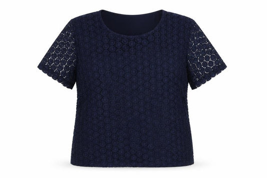 Front view of EWM women’s blue polyester basic blouse, size UK 18, round neck - lace front, size UK 18-20
