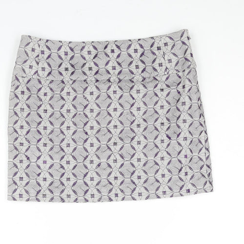 Pringle of Scotland Womens Grey Geometric Linen Mini Skirt Size 6 Zip - Embroidered