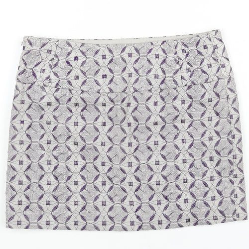 Pringle of Scotland Womens Grey Geometric Linen Mini Skirt Size 6 Zip - Embroidered