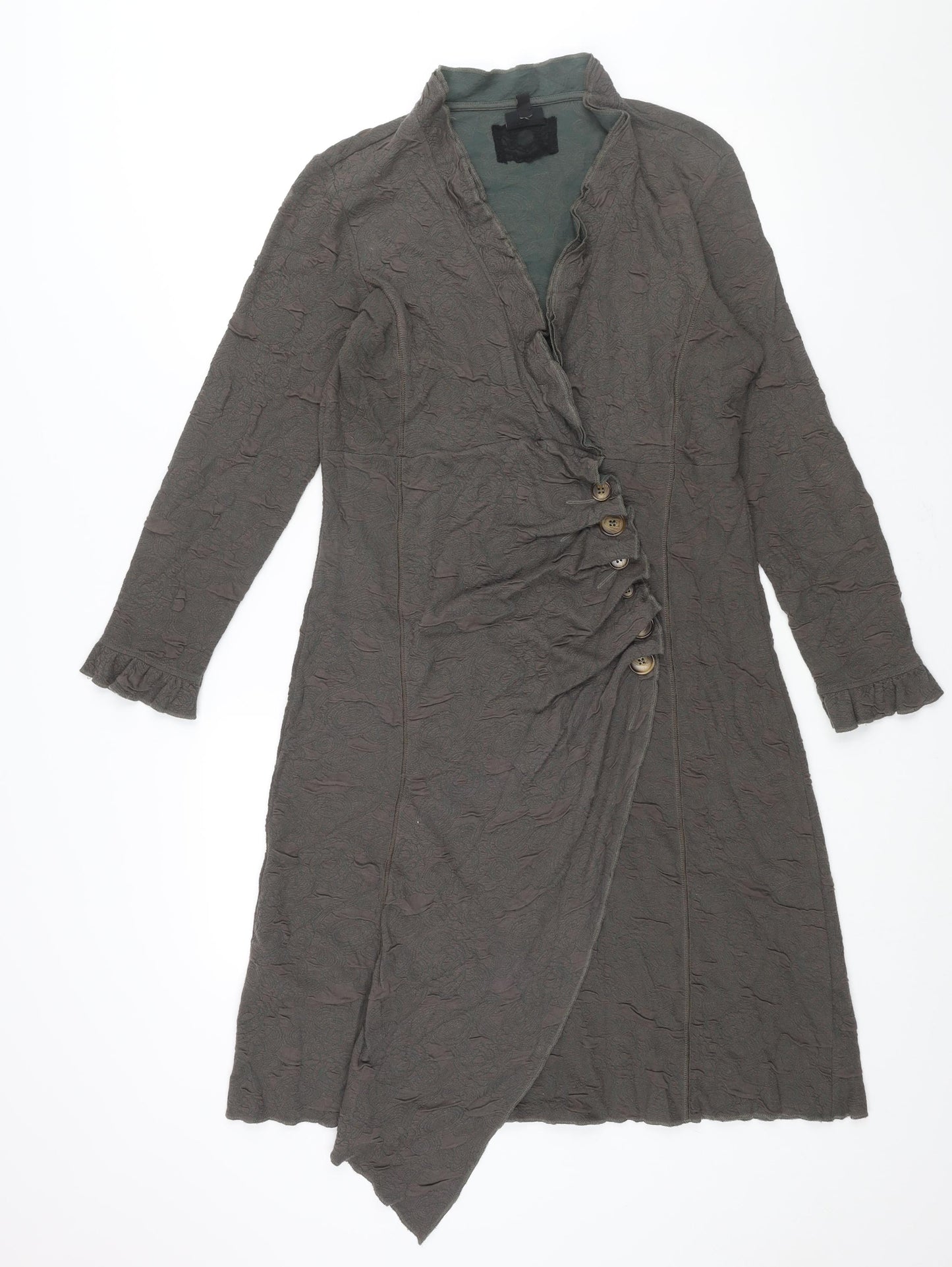 Tendenza Womens Grey Cotton Shift Size 12 V-Neck Pullover - Wrap Style Button Detail Frill