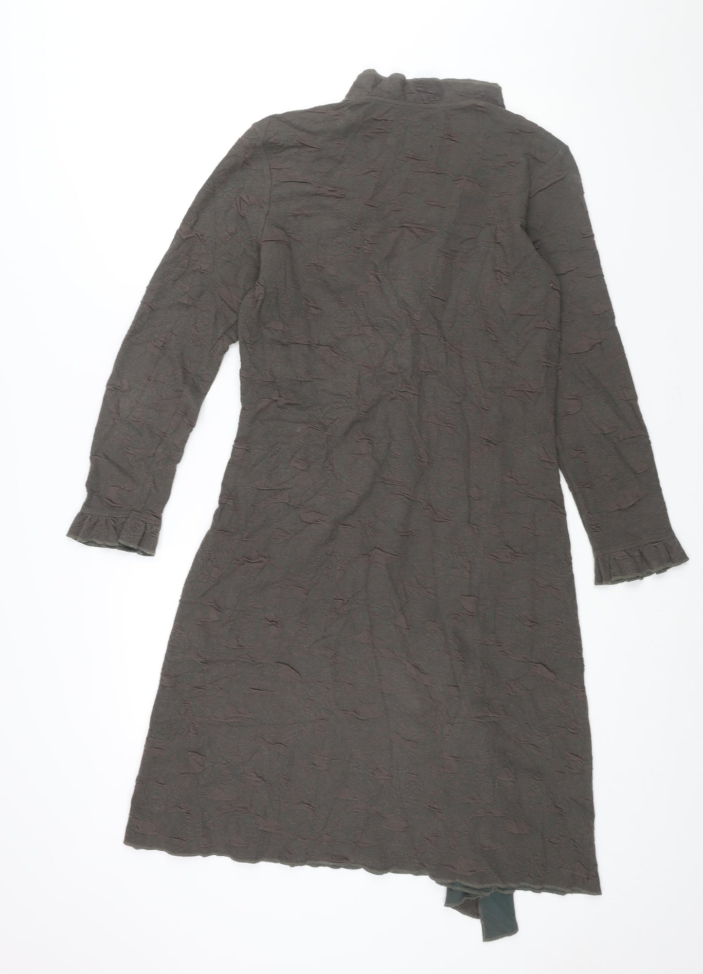 Tendenza Womens Grey Cotton Shift Size 12 V-Neck Pullover - Wrap Style Button Detail Frill