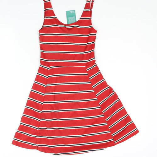 Divided by H&M Womens Red Striped Polyester A-Line Size 4 Scoop Neck Pullover