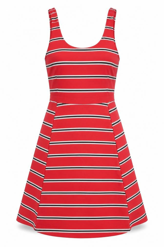 Front view of Divided by H&M women’s red striped polyester a-line, size UK 4, scoop neck pullover
