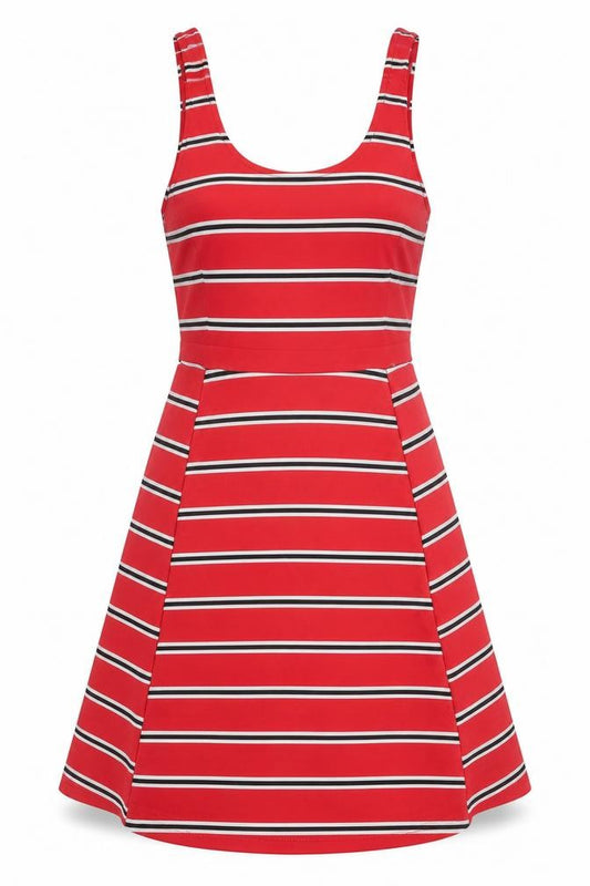Front view of Divided by H&M women’s red striped polyester a-line, size UK 4, scoop neck pullover
