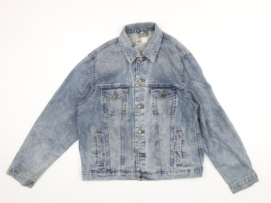 Front view of Zantos men’s blue jacket, size L, button - estimated size