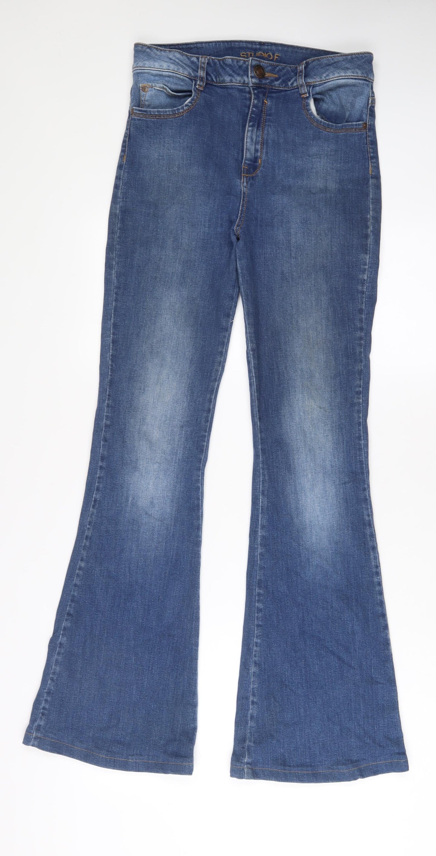 Studio F Womens Blue Cotton Flared Jeans Size 10 L31 in Regular Zip
