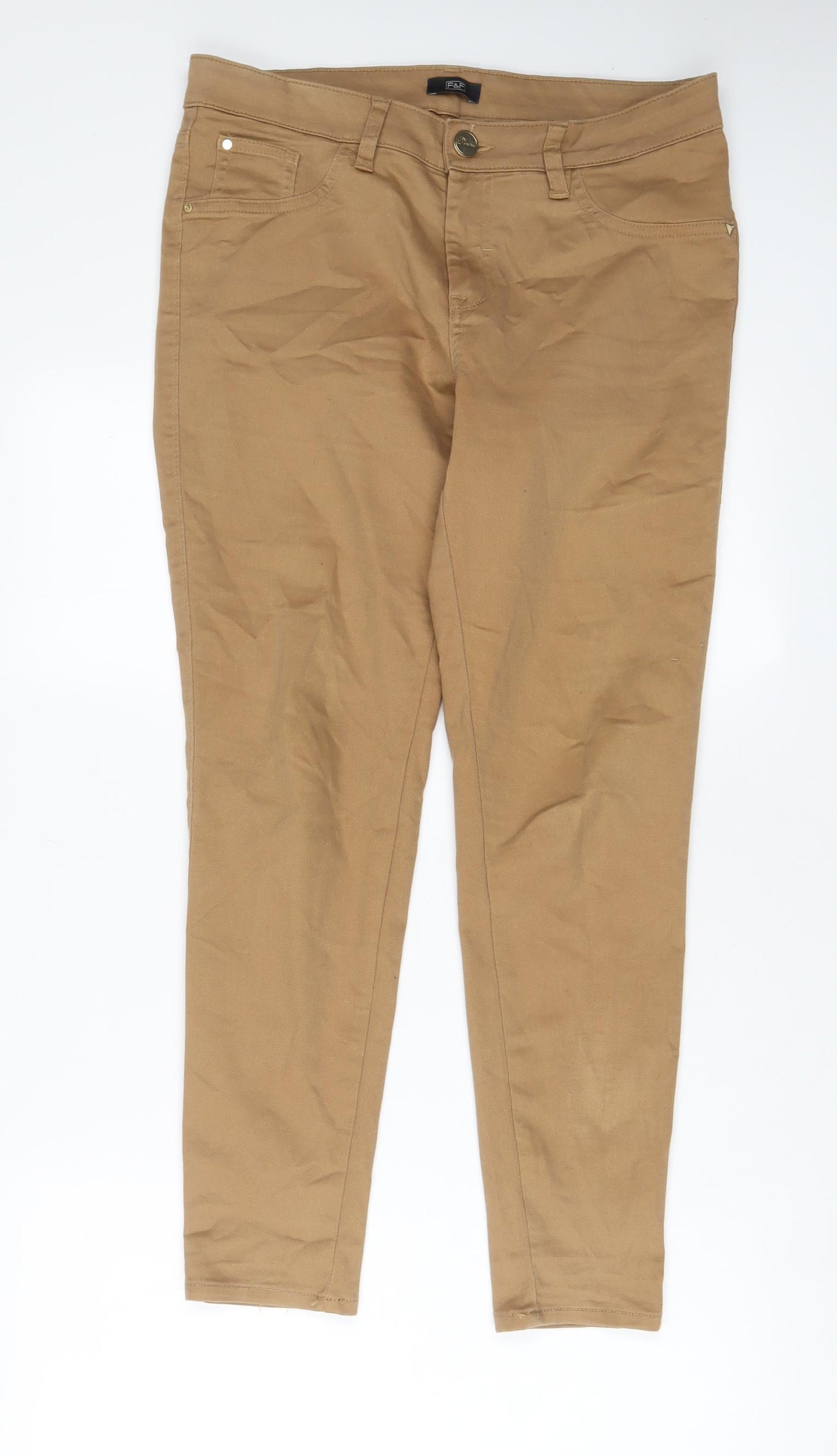 F&F Womens Brown Cotton Skinny Jeans Size 12 L28 in Regular Zip