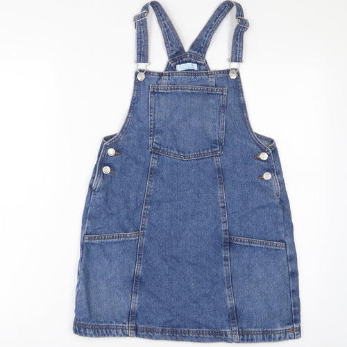 Denim & Co. Girls Blue Cotton Pinafore/Dungaree Dress Size 14-15 Years Square Neck Button