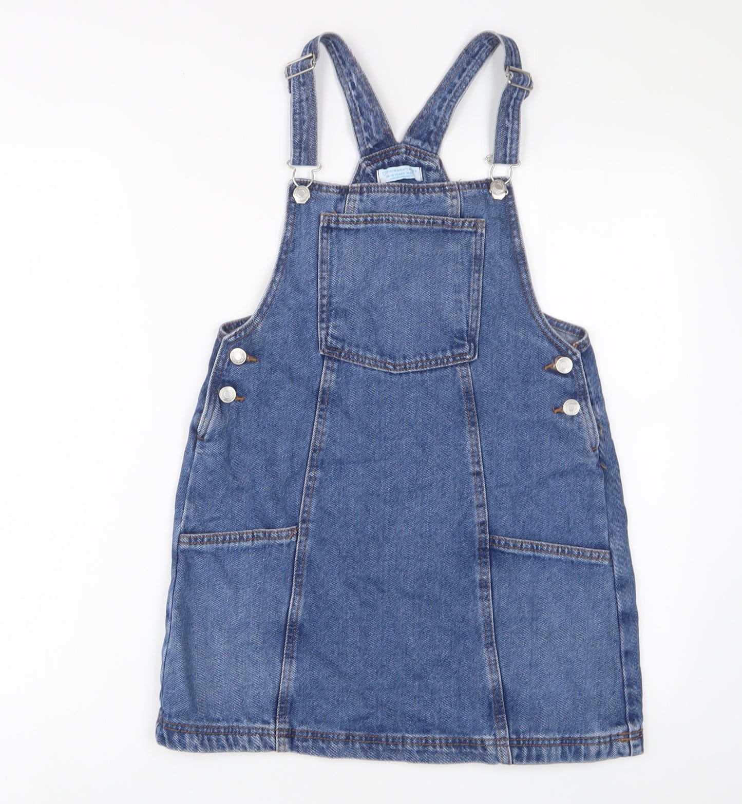 Denim & Co. Girls Blue Cotton Pinafore/Dungaree Dress Size 14-15 Years Square Neck Button