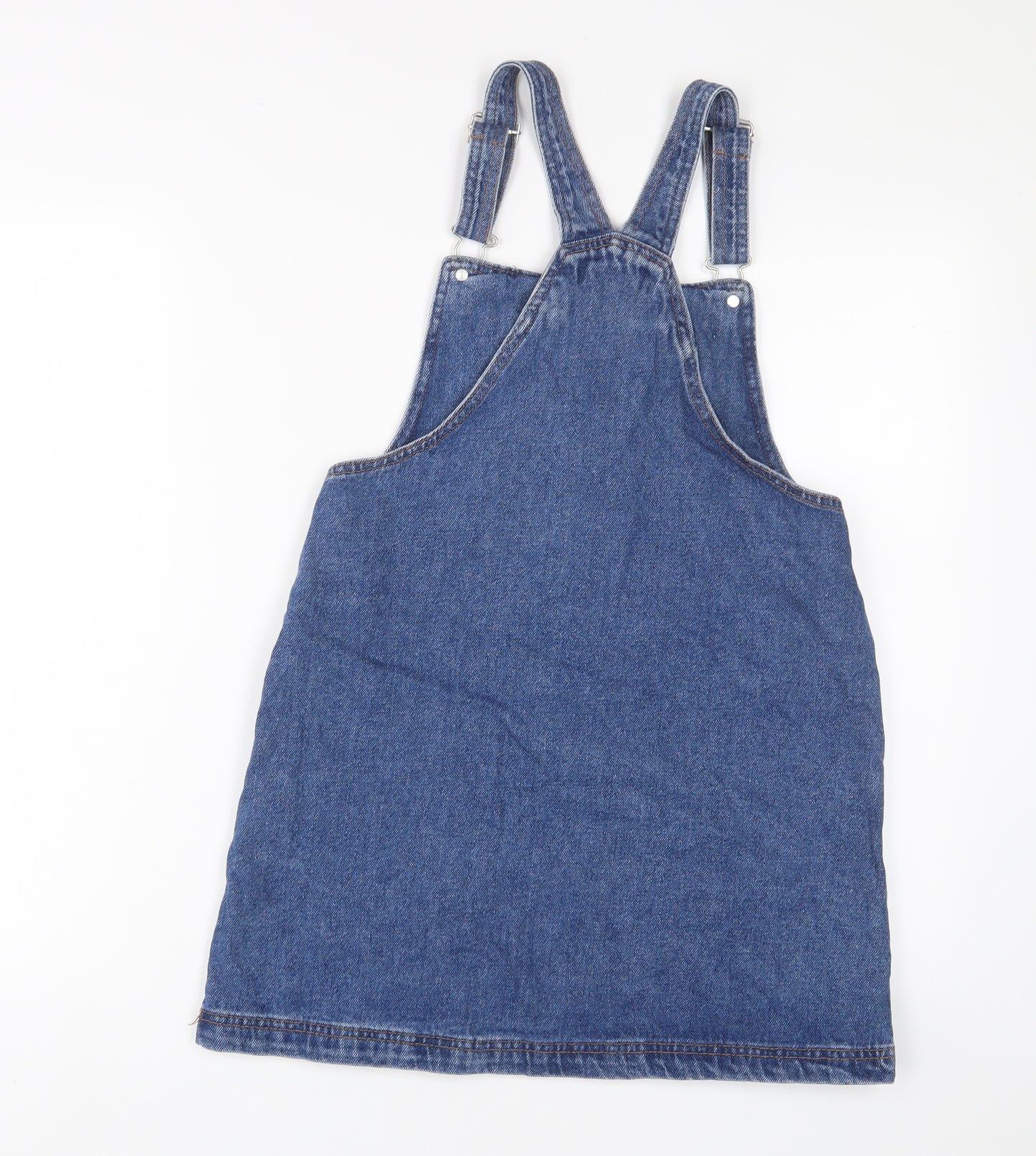Denim & Co. Girls Blue Cotton Pinafore/Dungaree Dress Size 14-15 Years Square Neck Button
