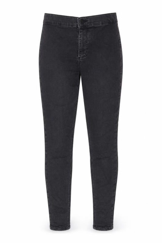Front view of Topshop women’s grey cotton skinny jeans, size UK 26, in, 32-inch leg regular zip