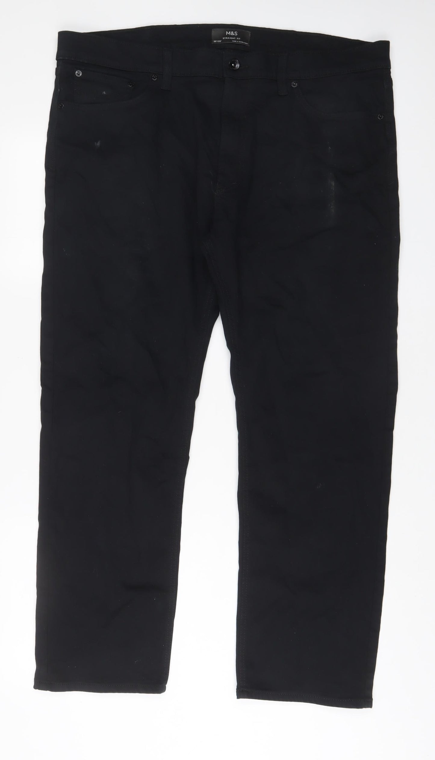 Marks and Spencer Mens Black Cotton Straight Jeans Size 38 in L29 in Regular Zip - Short Leg