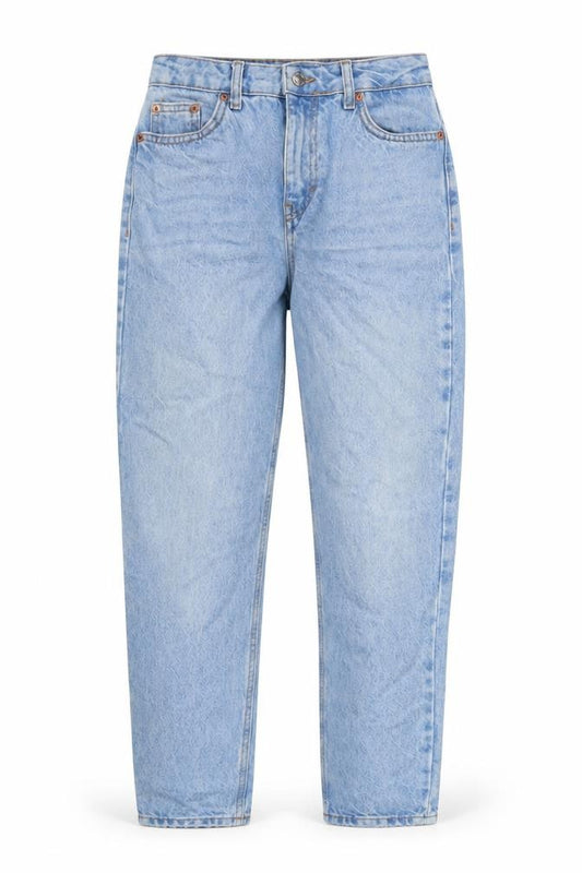 Front view of Topshop women’s blue cotton straight jeans, size UK 26, in, 30-inch leg regular zip