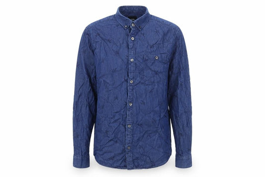 Front view of Burton men’s blue cotton button-up, size M, collared button