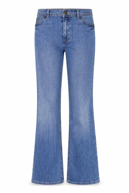 Front view of Authentic women’s blue cotton bootcut jeans, size UK 32, in, 29-inch leg regular zip