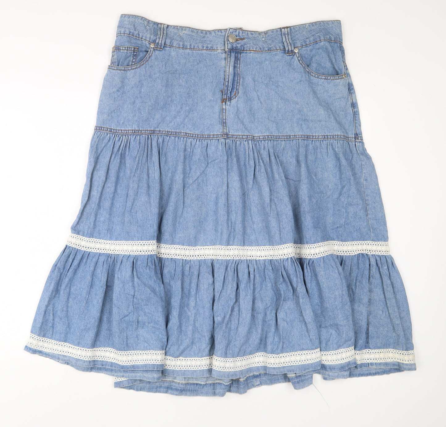 Chapter Womens Blue Cotton A-Line Skirt Size 18 Zip - Embroidered