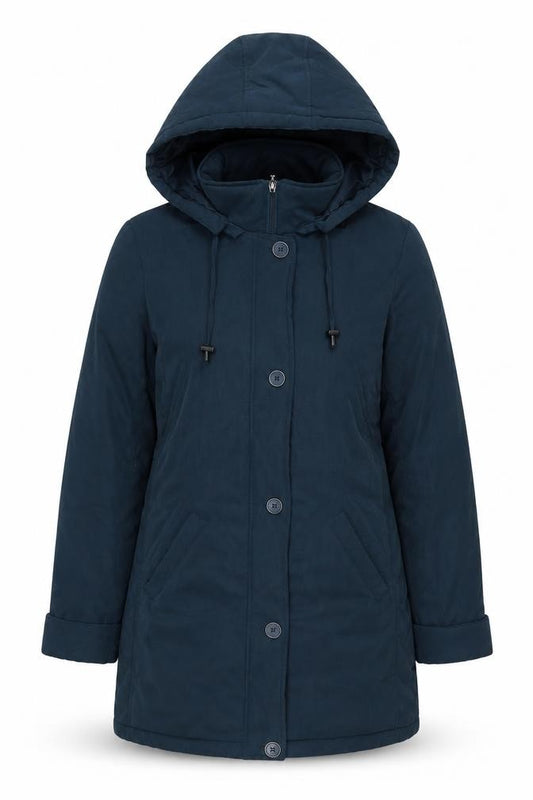 Front view of Classics women’s blue parka jacket, size UK 12, zip