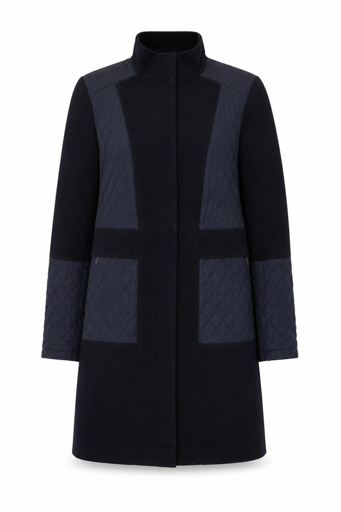 Front view of Marks & Spencer women’s blue pea coat coat, size UK 10, zip