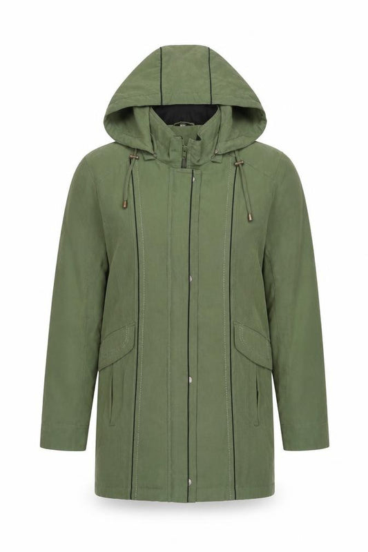 Front view of Anna Rose women’s green parka jacket, size S, zip