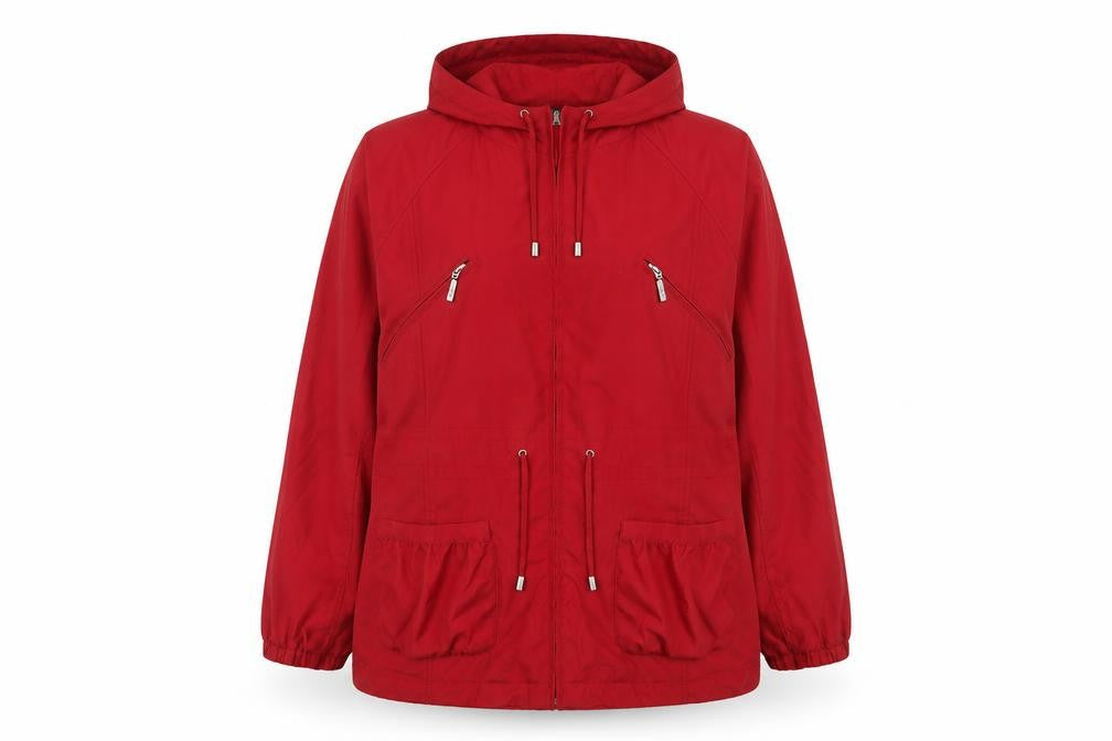 Front view of Per Una women’s red parka jacket, size XL, zip