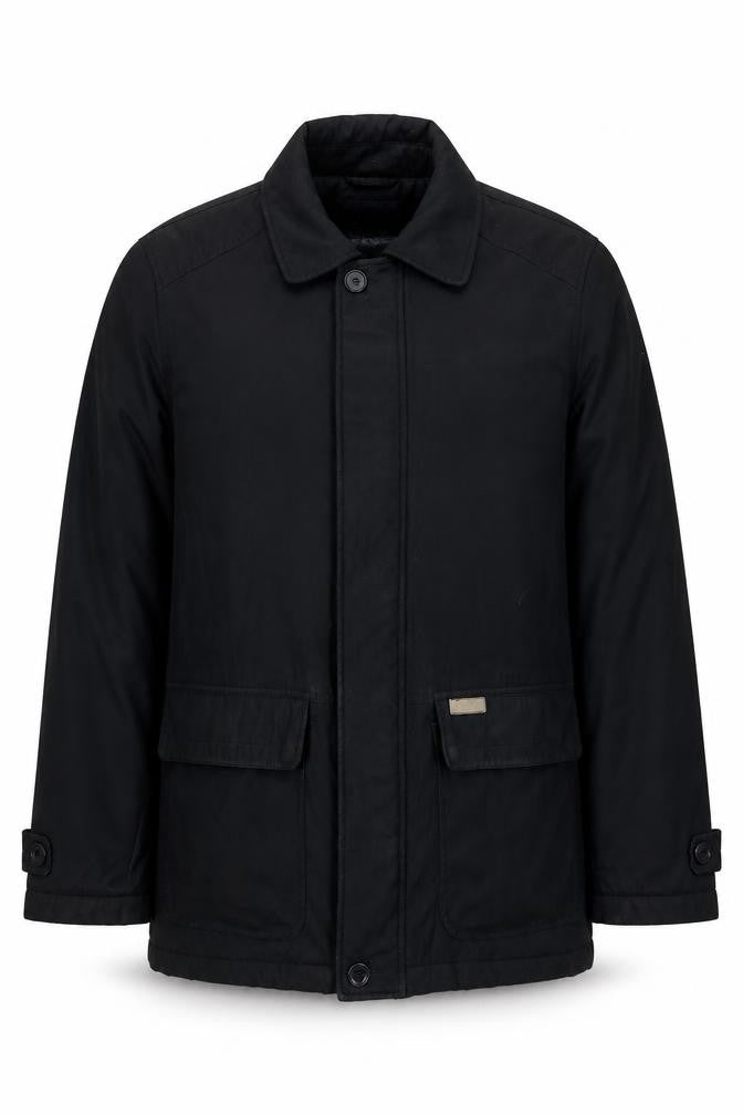 Front view of Bosideng men’s black parka jacket, size S, zip