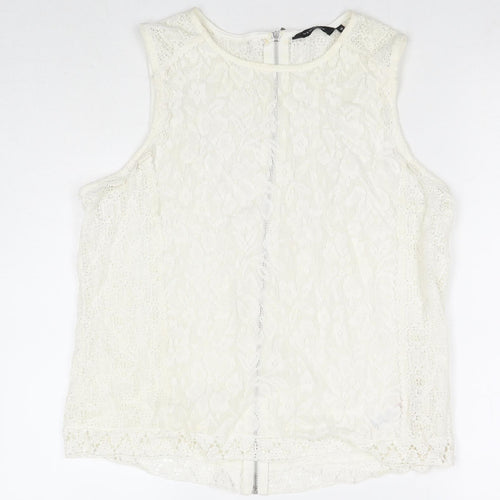 New Look Womens White Geometric Cotton Basic Tank Size 16 Round Neck