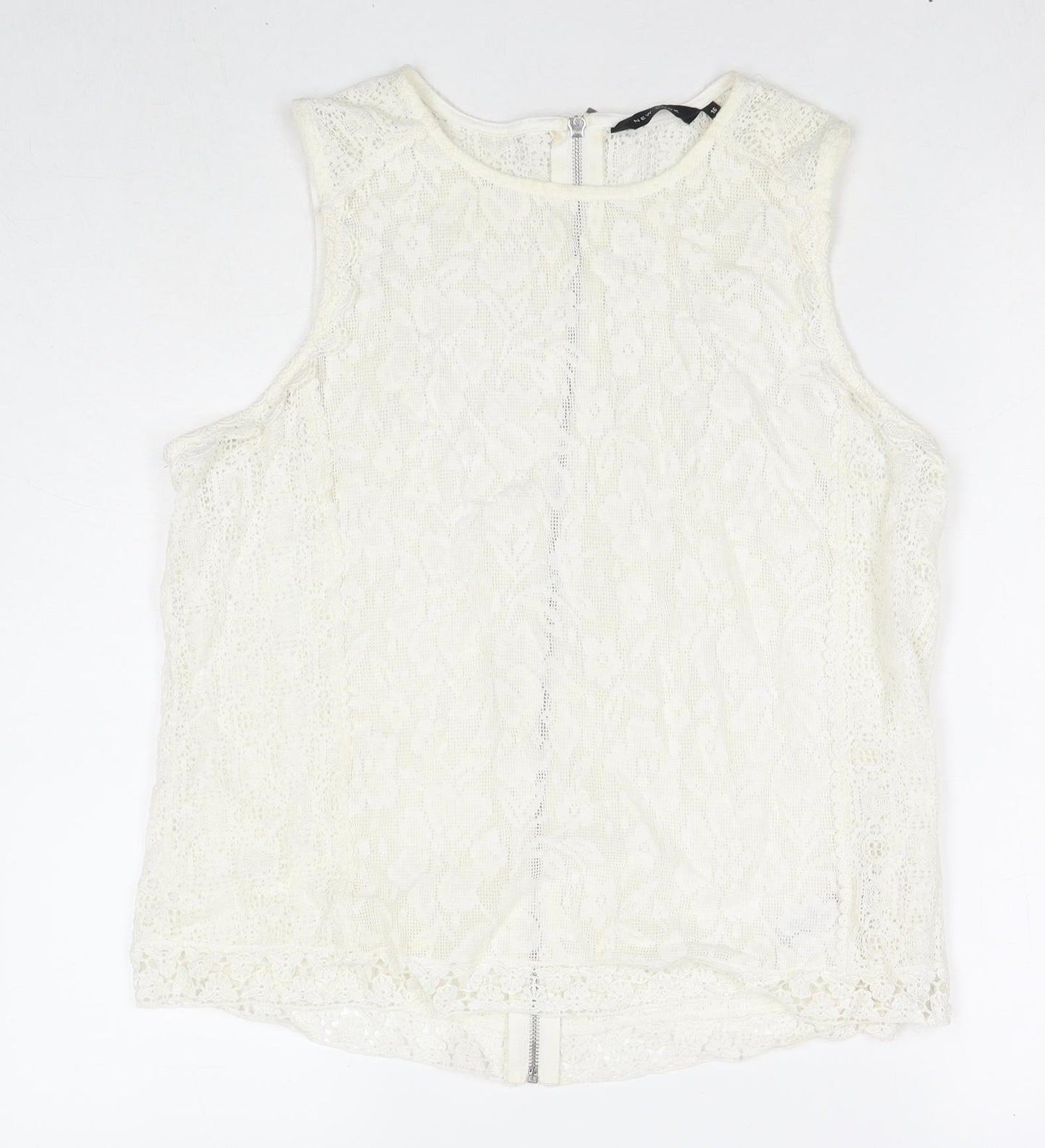 New Look Womens White Geometric Cotton Basic Tank Size 16 Round Neck