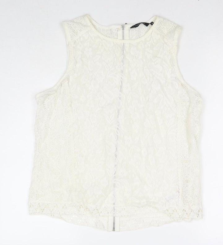 New Look Womens White Geometric Cotton Basic Tank Size 16 Round Neck