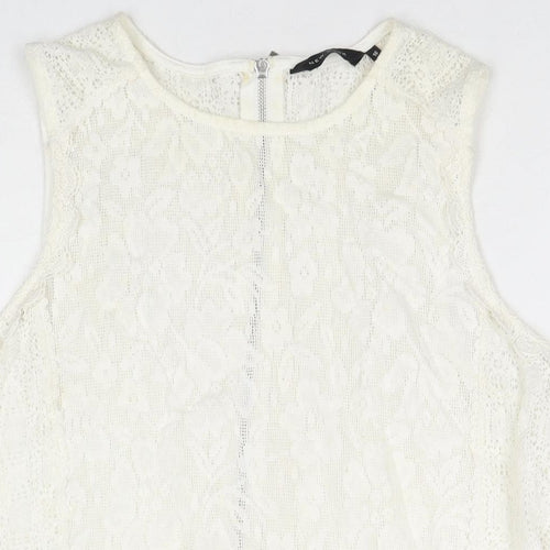 New Look Womens White Geometric Cotton Basic Tank Size 16 Round Neck