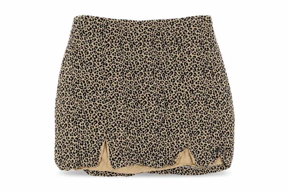 Front view of Pull&Bear Pull women’s brown animal print viscose mini skirt, size M, zip - leopard print