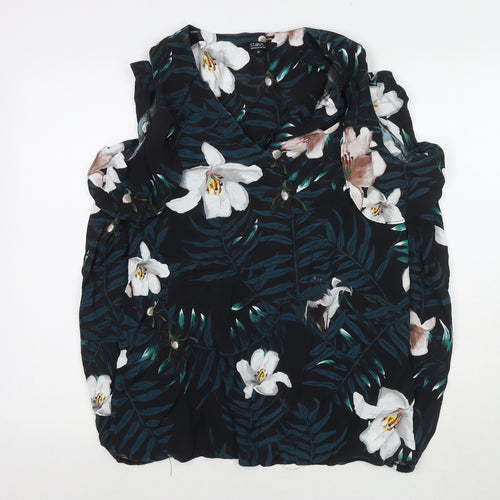 Julien Macdonald Womens Black Floral Polyester Basic Button-Up Size 14 V-Neck - Cold Shoulder