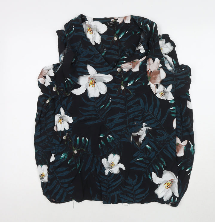 Julien Macdonald Womens Black Floral Polyester Basic Button-Up Size 14 V-Neck - Cold Shoulder