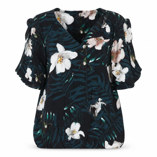 Front view of Julien Macdonald women’s black floral polyester basic button-up, size UK 14, v-neck - cold shoulder