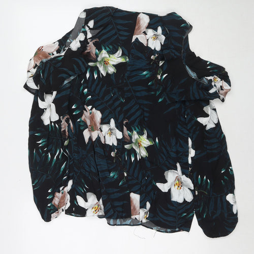 Julien Macdonald Womens Black Floral Polyester Basic Button-Up Size 14 V-Neck - Cold Shoulder