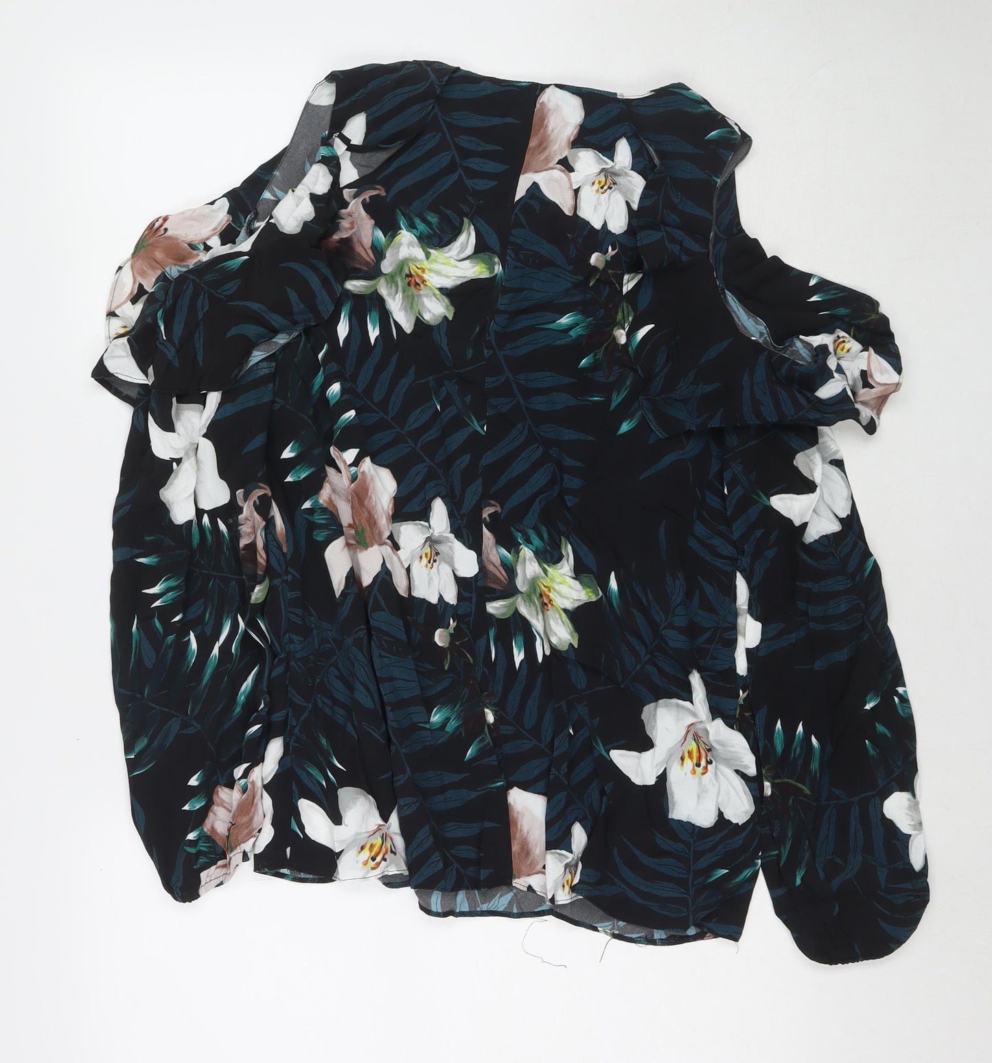 Julien Macdonald Womens Black Floral Polyester Basic Button-Up Size 14 V-Neck - Cold Shoulder