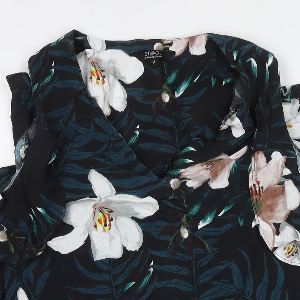 Julien Macdonald Womens Black Floral Polyester Basic Button-Up Size 14 V-Neck - Cold Shoulder