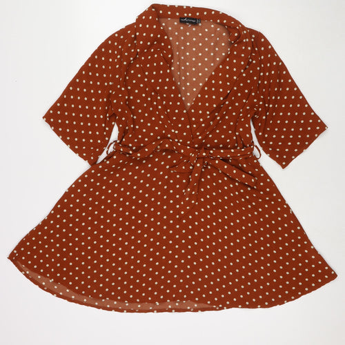 PRETTYLITTLETHING Womens Brown Polka Dot Polyester Fit & Flare Size 6 V-Neck Pullover