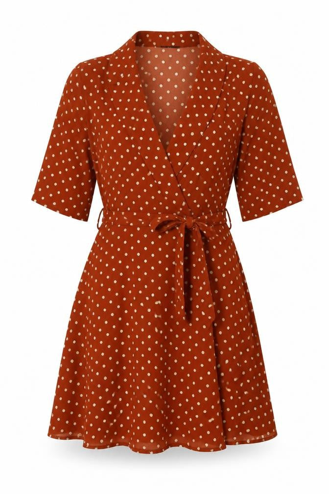 Front view of PRETTYLITTLETHING women’s brown polka dot polyester fit & flare, size UK 6, v-neck pullover