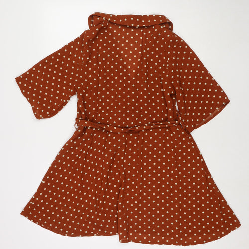 PRETTYLITTLETHING Womens Brown Polka Dot Polyester Fit & Flare Size 6 V-Neck Pullover