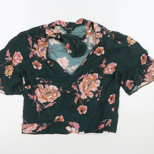 Miss Selfridge Womens Green Floral Viscose Basic T-Shirt Size 10 V-Neck