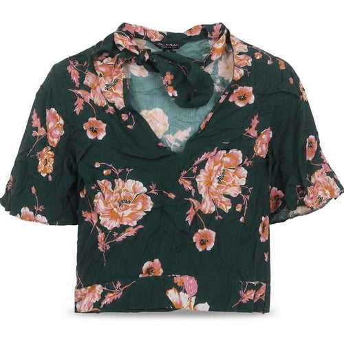 Miss Selfridge Womens Green Floral Viscose Basic T-Shirt Size 10 V-Neck