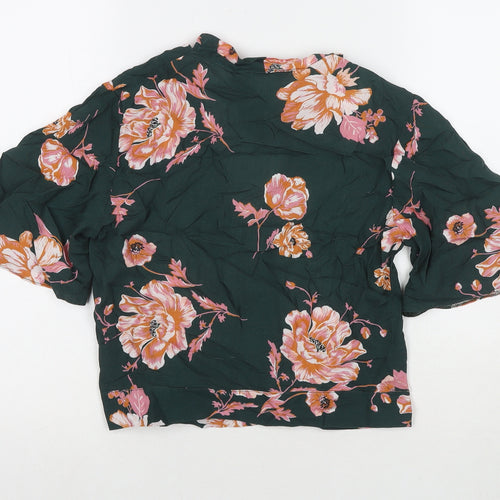 Miss Selfridge Womens Green Floral Viscose Basic T-Shirt Size 10 V-Neck